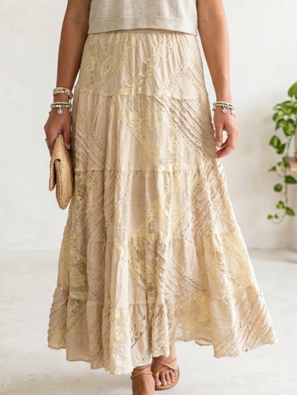 Vintage Boho Tiered Lace Maxi Skirt - Butter Cream Yellow